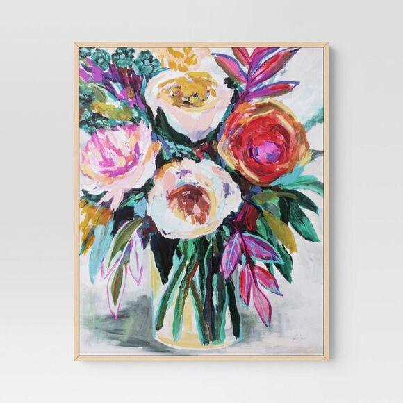 Threshold - 24" x 30" Colorful Floral Framed Canvas Natural -  Pink - Picture 1 of 4